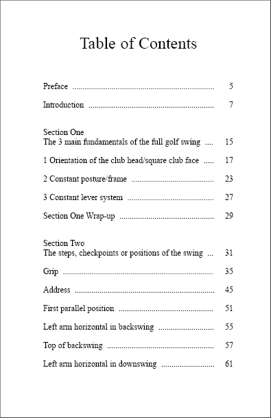 The Full Swing table of contents page 1 image